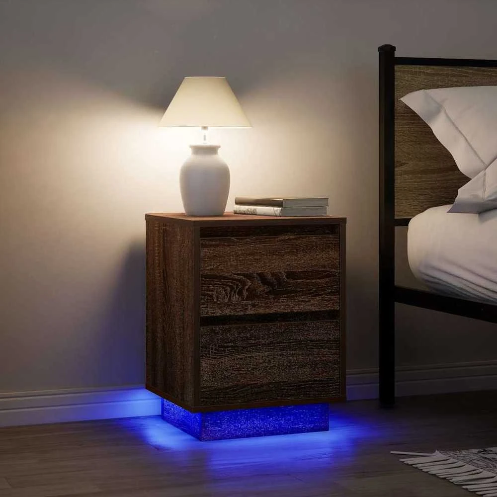 Spintelė prie lovos su LED lemputėmis Rudas ąžuolas 38x34x50 cm
