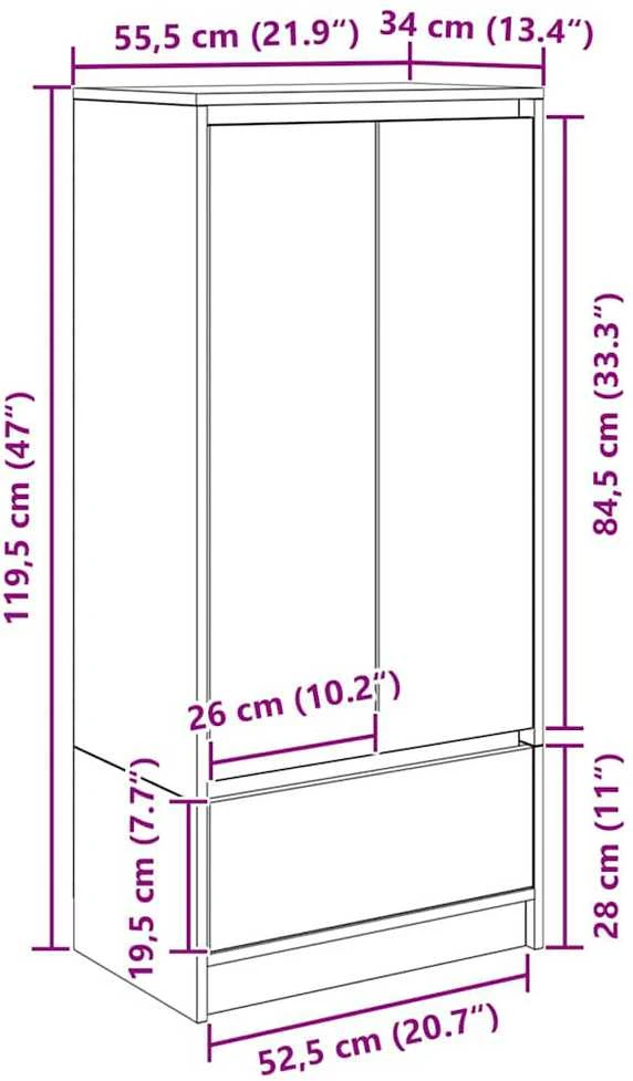 Spintelė su 2 stalčiais, sena mediena 55,5x34x119,5 cm, mediena