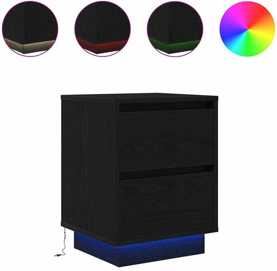 Spintelės prie lovos su LED lemputėmis 2 vnt Juodos 38x34x50 cm