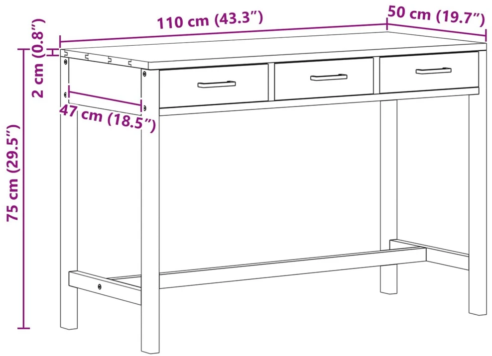 Stalas su stalčiais Natūrali Kieto teka medžio 110 x 50 x 75 cm