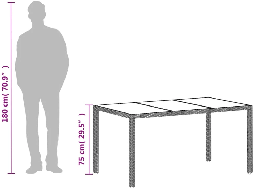 Stalas su stikliniu stalviršiu, pilkas, 150x90x75cm, ratanas