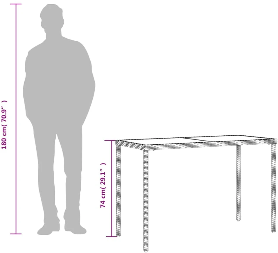 Stalas su stikliniu stalviršiu, pilkas, 115x54x74cm, PE ratanas