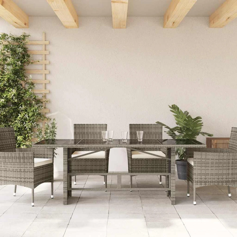 Stalas su stikliniu stalviršiu, pilkas, 190x80x75cm, PE ratanas