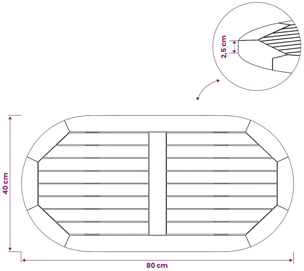 Stalo viršus 80 x 40 x 2,5 cm Ovalo Kieto teka medžio Natūrali