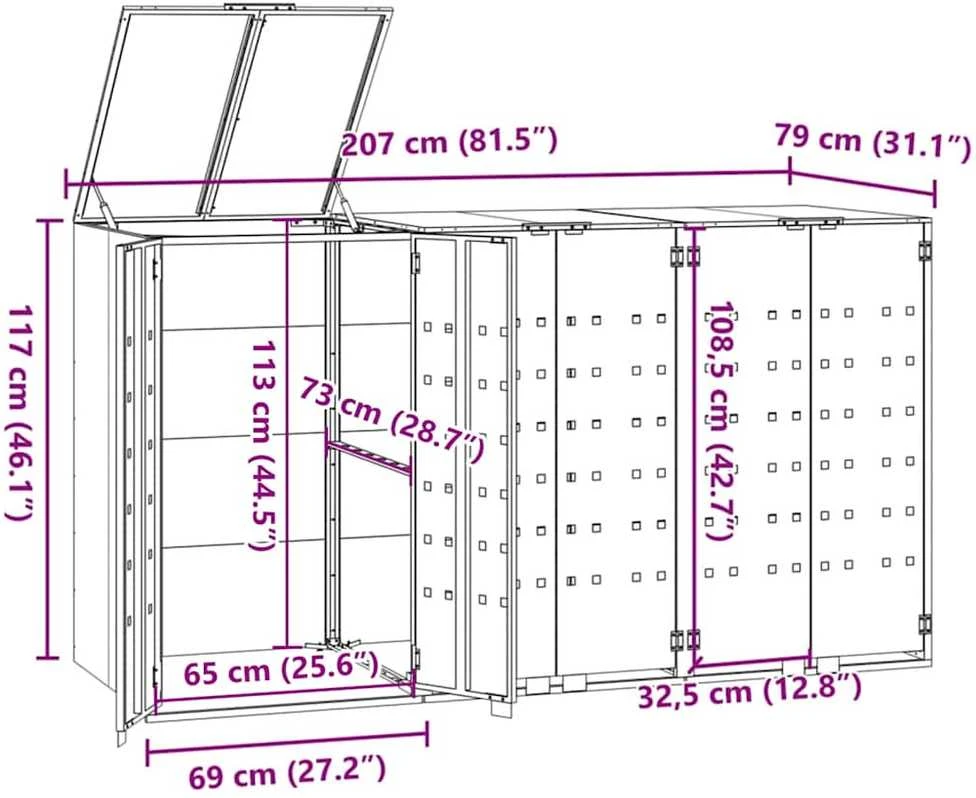 Stoginė trim konteineriams, antracito, 207x79x117cm, plienas