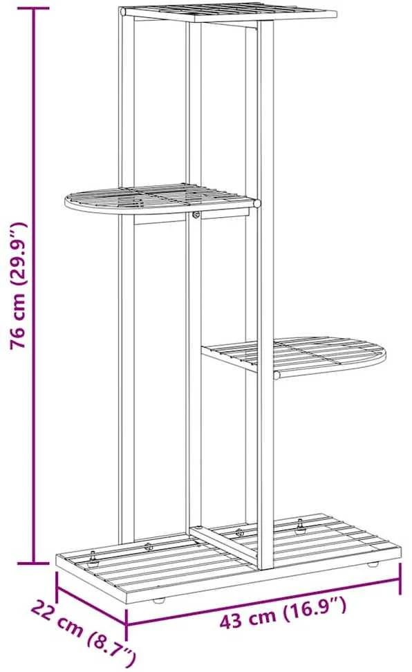 Stovas augalams, 4 lentynos, juodas, 43x22x76cm, metalas