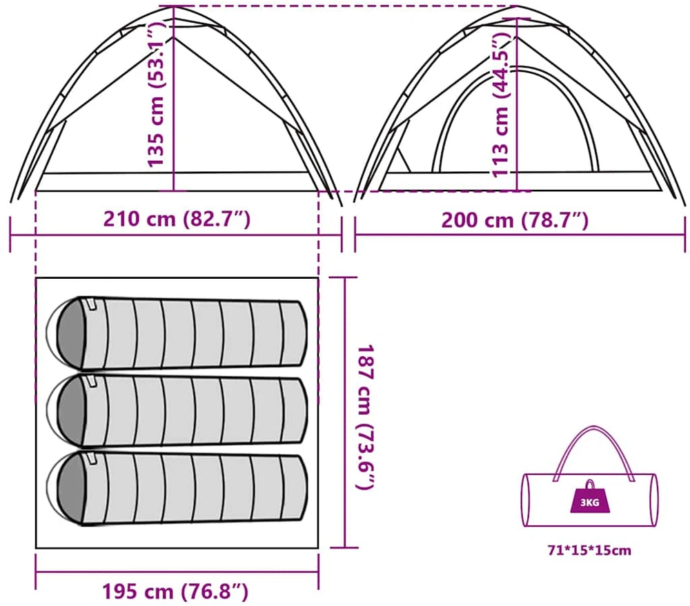 Stovyklavimo palapinė, mėlyna, trivietė, kupolinė
