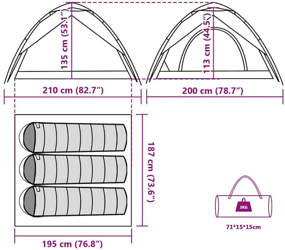 Stovyklavimo palapinė, mėlyna, trivietė, kupolinė