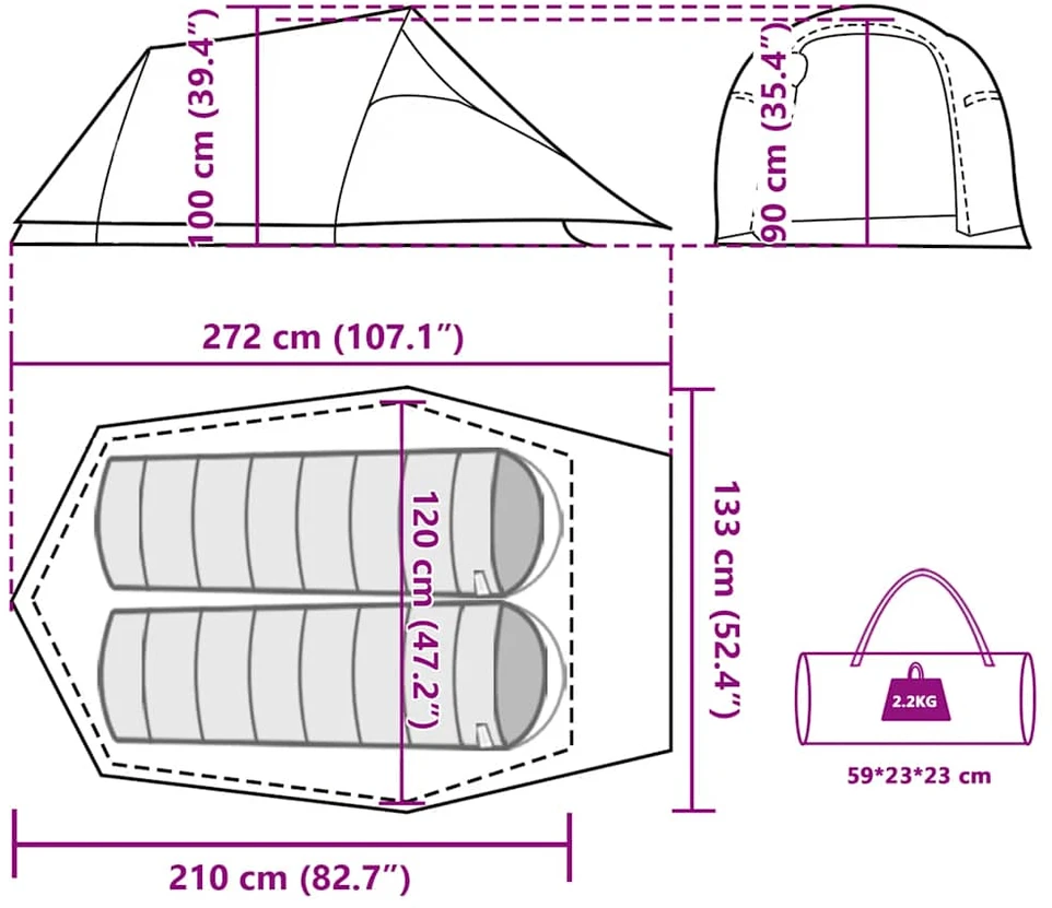 Stovyklavimo palapinė, žalia, dvivietė, tunelinė