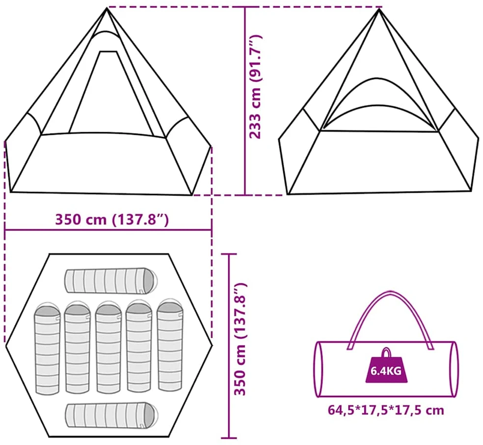 Stovyklavimo palapinė, žalia, septynvietė, tipi dizaino
