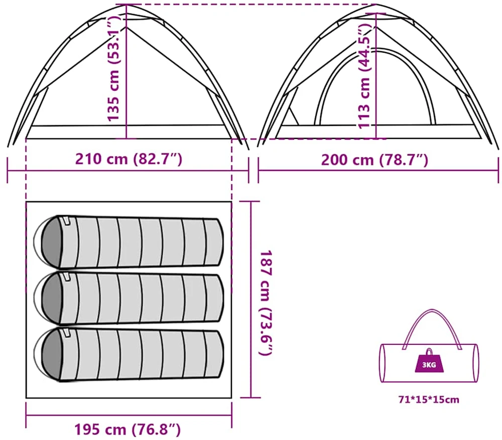Stovyklavimo palapinė, žalia, trivietė, kupolinė