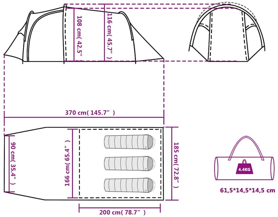 Stovyklavimo palapinė, žalia, trivietė, tunelinė