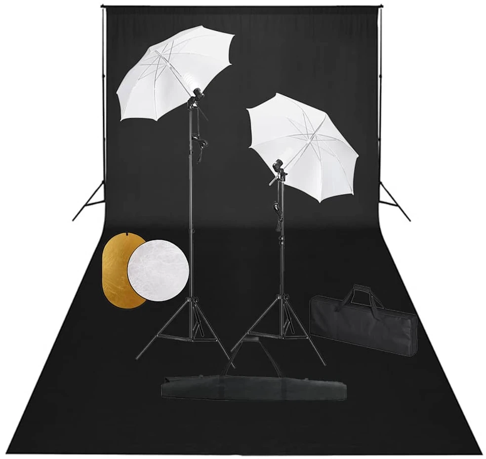 Studijos komplektas su šviestuvais/skėčiais/fonu/reflektoriumi