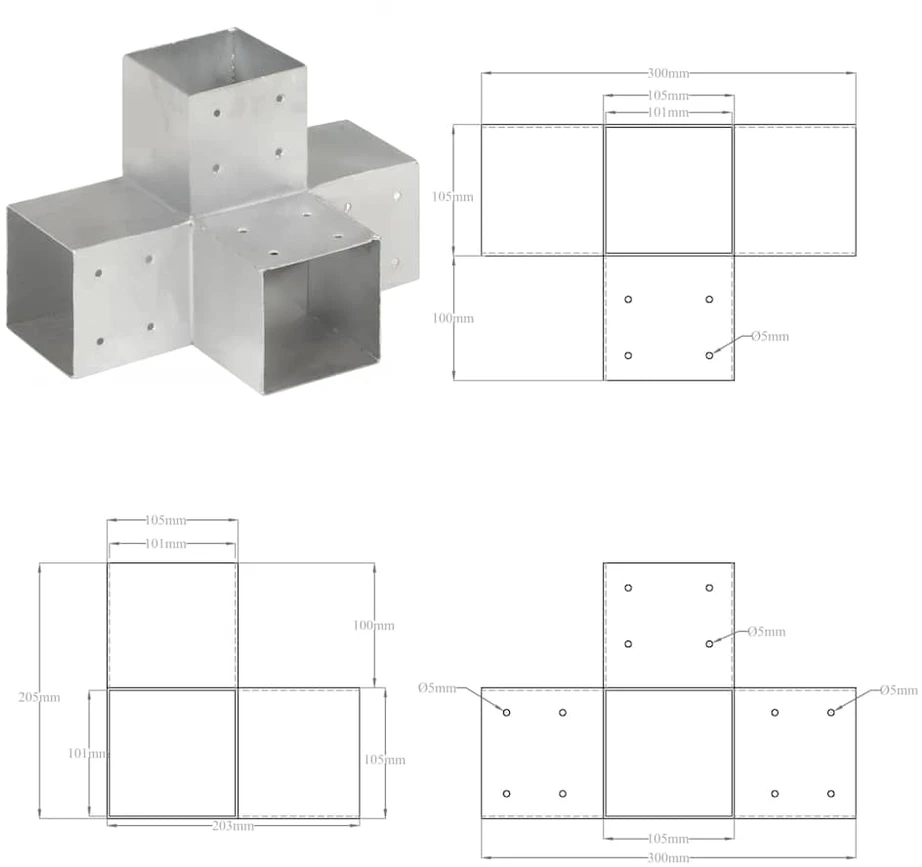 Stulpo sujungimas, 101x101mm, galvanizuotas metalas, X formos