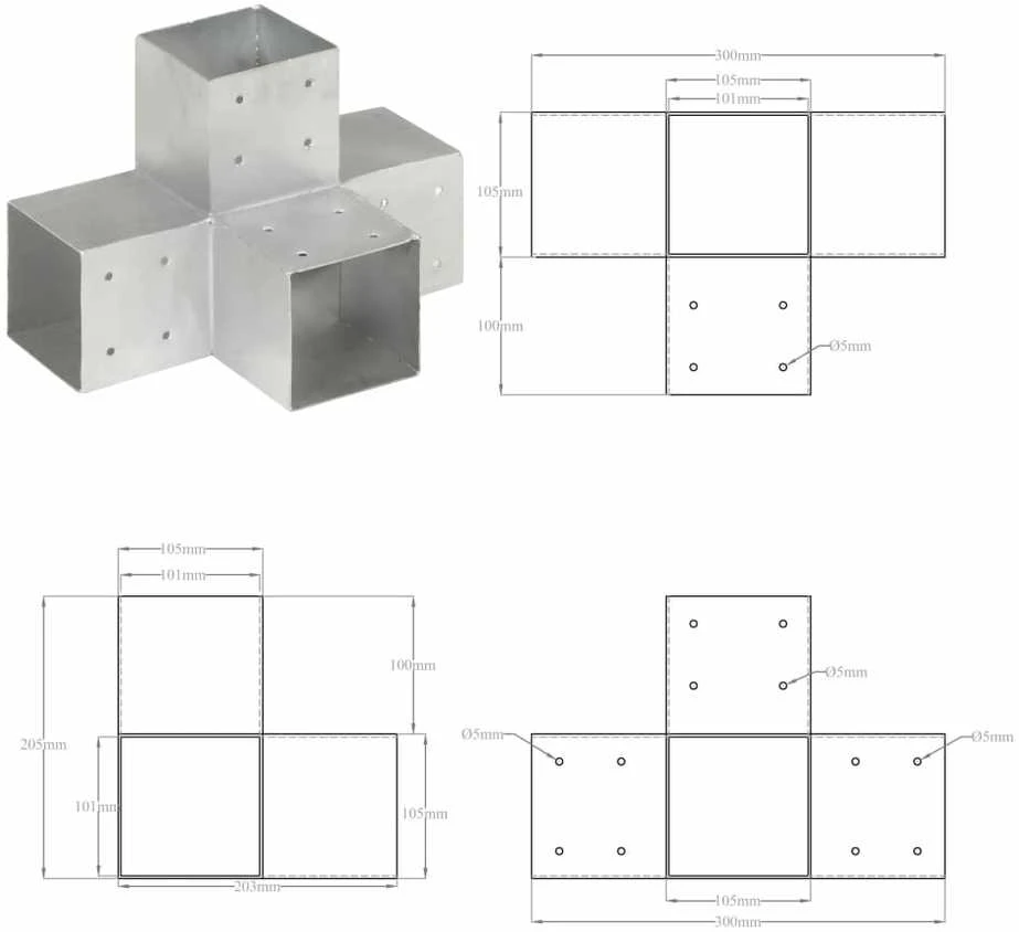 Stulpo sujungimas, 101x101mm, galvanizuotas metalas, X formos