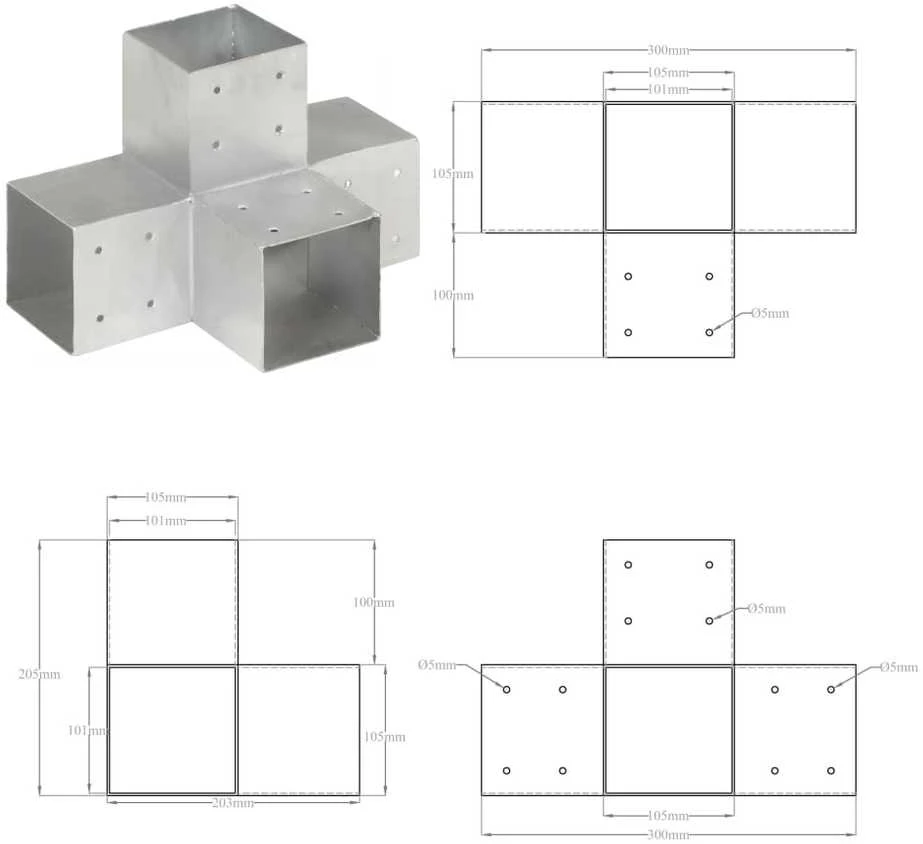 Stulpo sujungimas, 101x101mm, galvanizuotas metalas, X formos