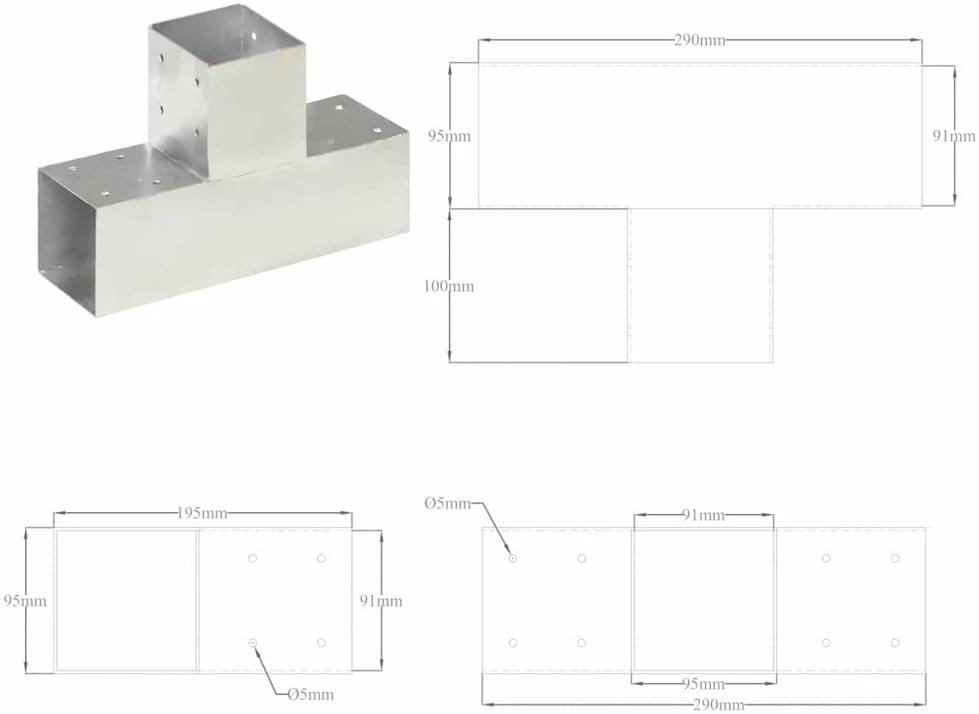 Stulpo sujungimas, 91x91mm, galvanizuotas metalas, T formos