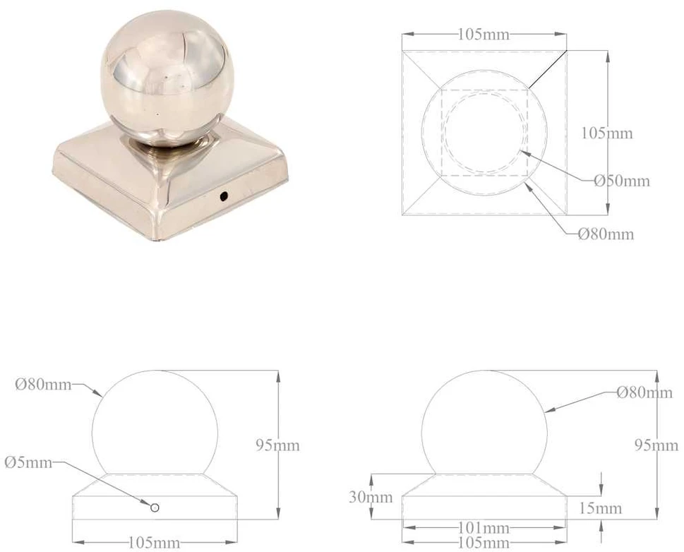 Stulpų dangteliai, 6vnt., 101x101mm, nerūdijantis plienas