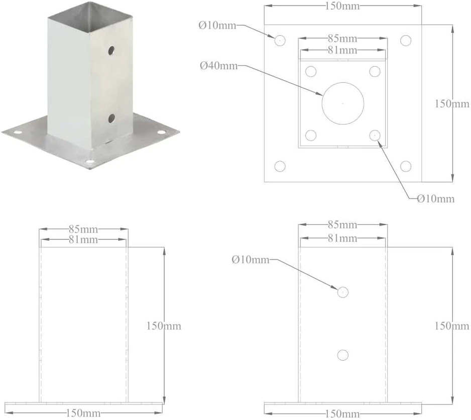 Stulpų pagrindai, 4vnt., galvanizuotas metalas, 81mm