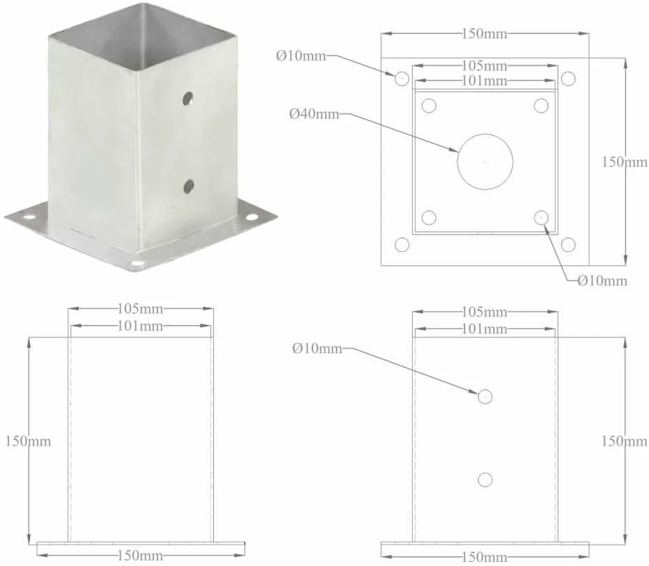 Stulpų pagrindai, 4vnt., galvanizuotas metalas, 101mm