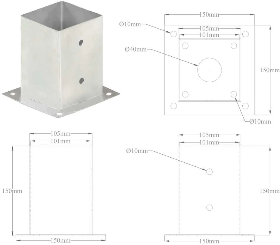 Stulpų pagrindai, 4vnt., galvanizuotas metalas, 101mm
