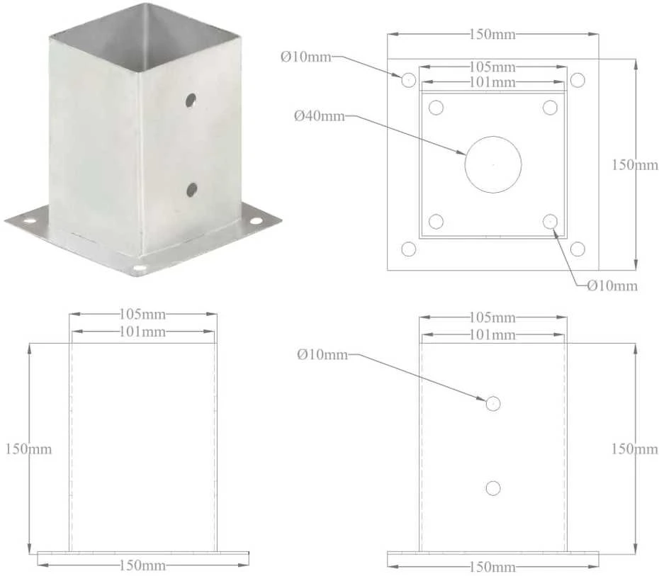 Stulpų pagrindai, 4vnt., galvanizuotas metalas, 101mm