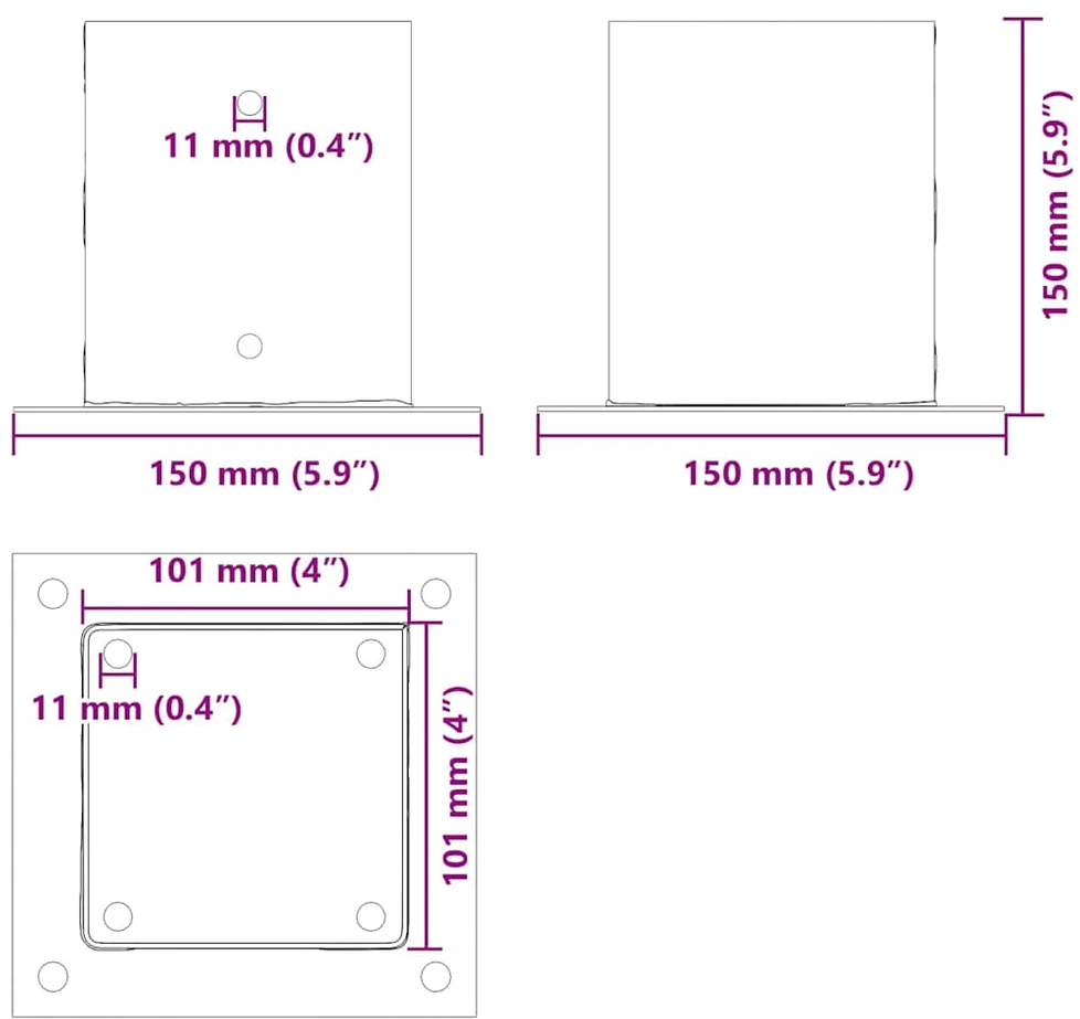 Stulpų pagrindai kvadratiniai, 4vnt., antracito sp., 101x101mm