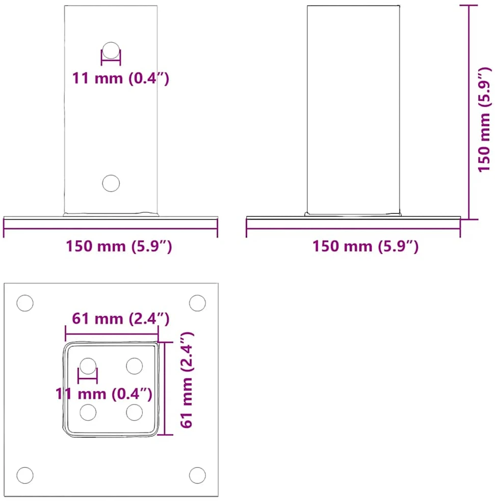 Stulpų pagrindai kvadratiniai, 4vnt., sidabriniai, 61x61mm