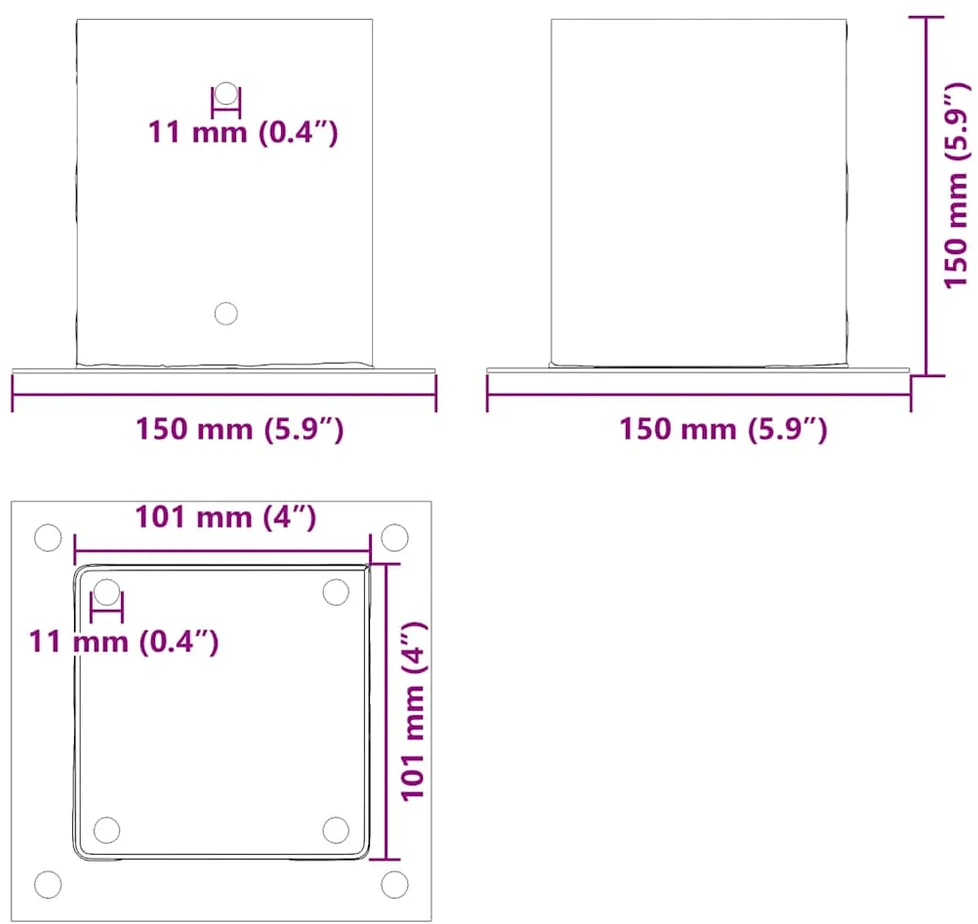 Stulpų pagrindai kvadratiniai, 4vnt., sidabriniai, 101x101mm