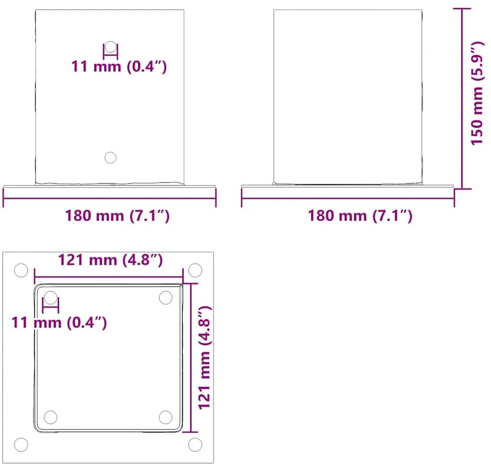 Stulpų pagrindai kvadratiniai, 4vnt., sidabriniai, 121x121mm