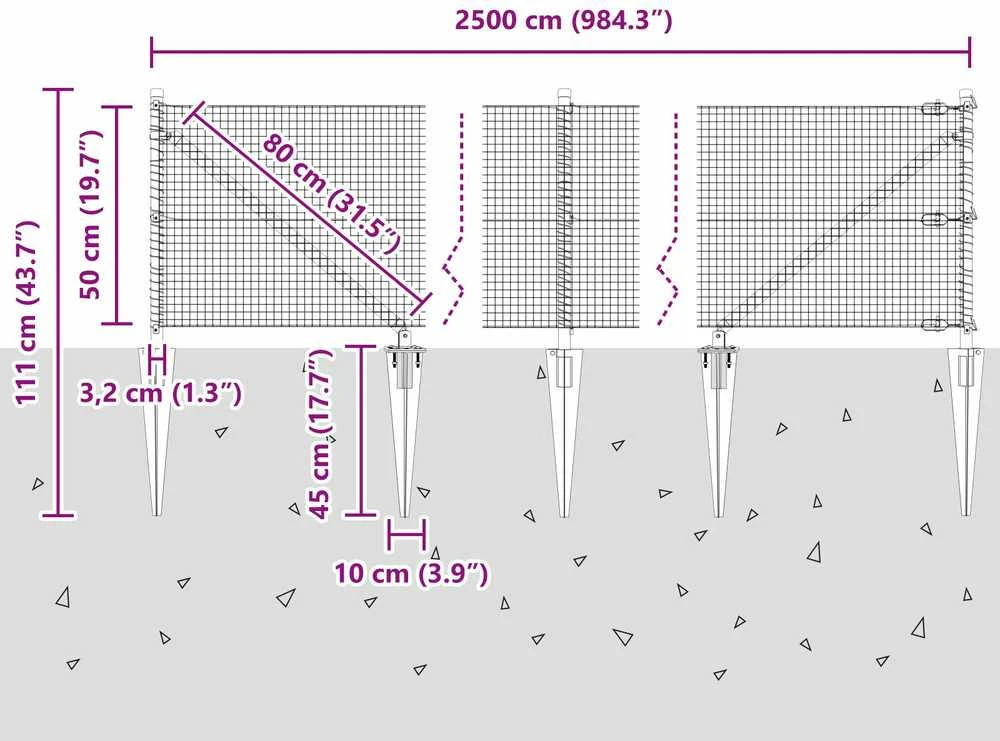 Suvirintas vielinis tvoras su smailiais galais 25 x 0,5 m Pilka