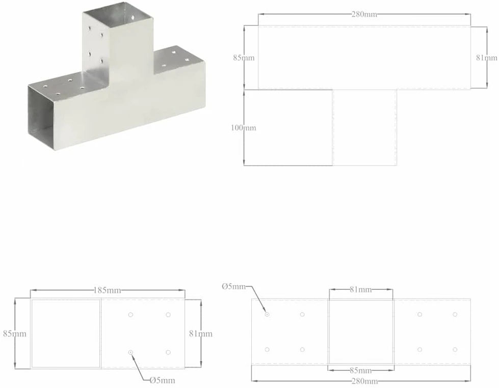 Stulpų sujungimai, 4vnt., 81x81mm, metalas, T formos