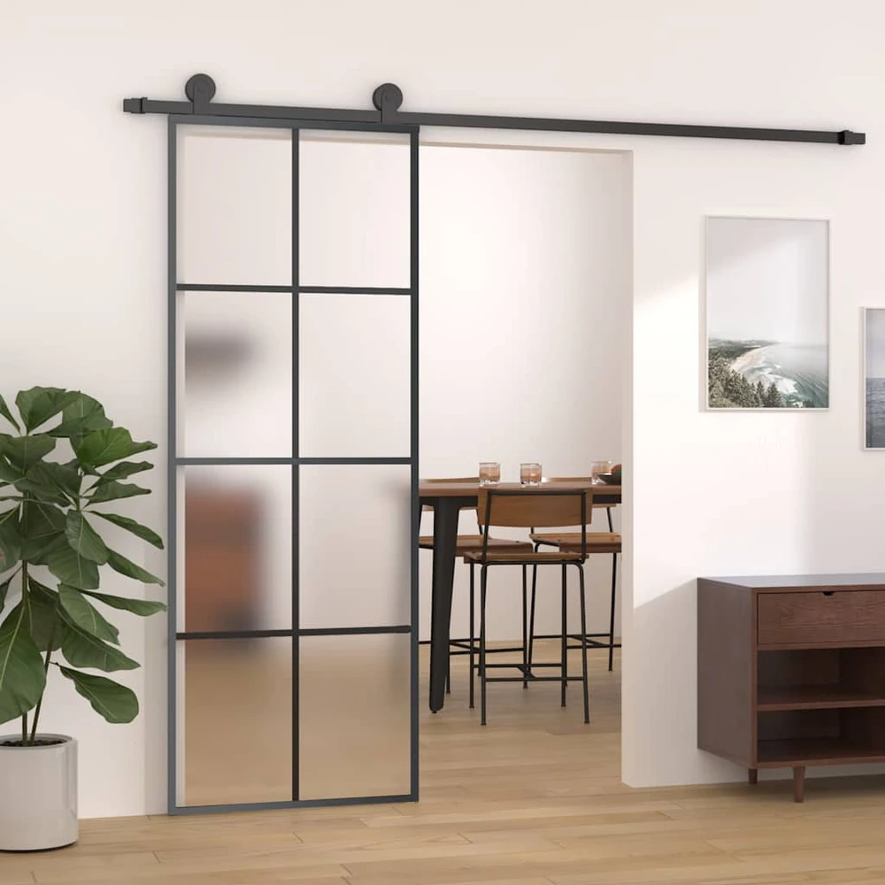 Stumdomos durys, juodos, 76x205cm, aliuminis ir ESG stiklas