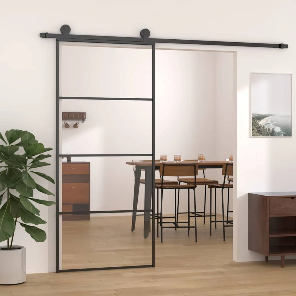 Stumdomos durys, juodos, 90x205cm, aliuminis ir ESG stiklas