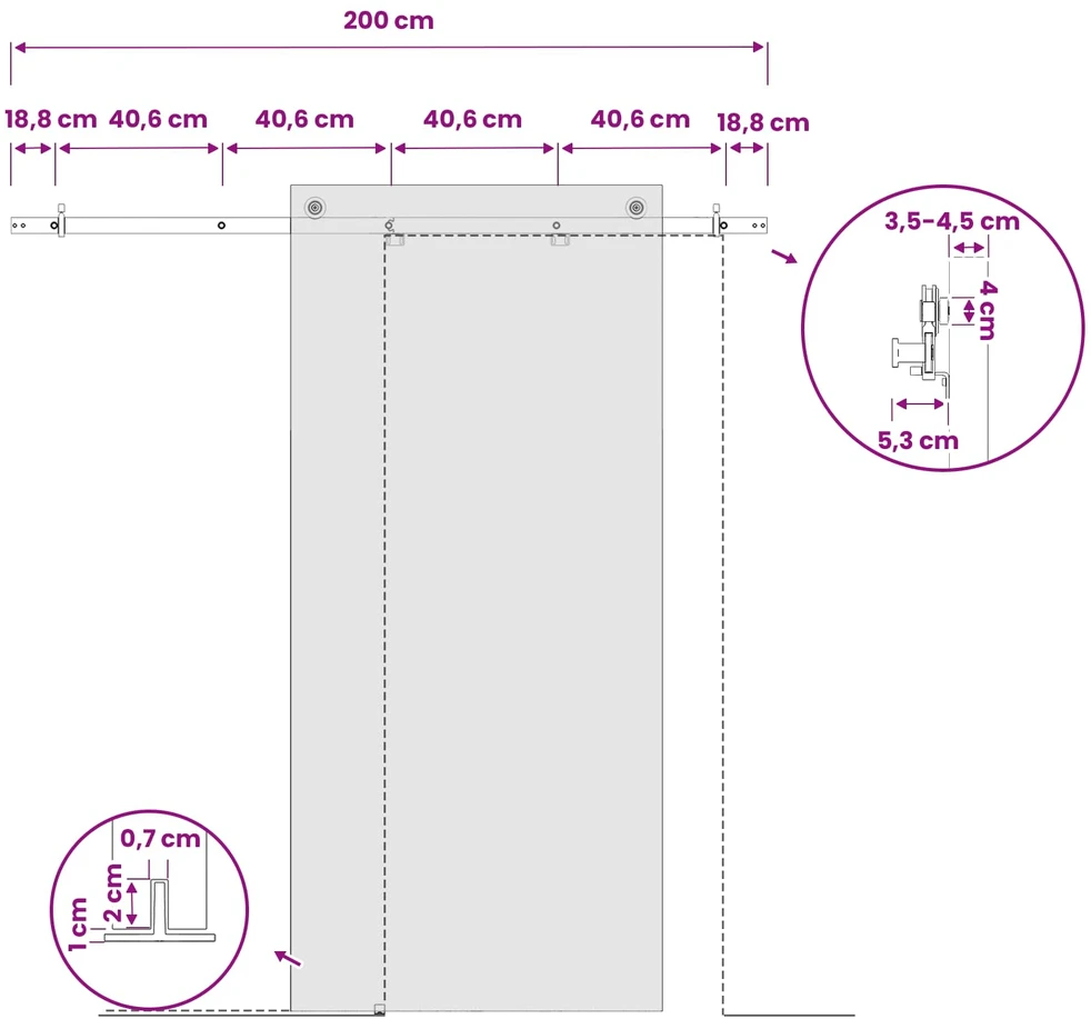 Stumdomų durų furnitūros komplektas 200 cm Plienas Juoda