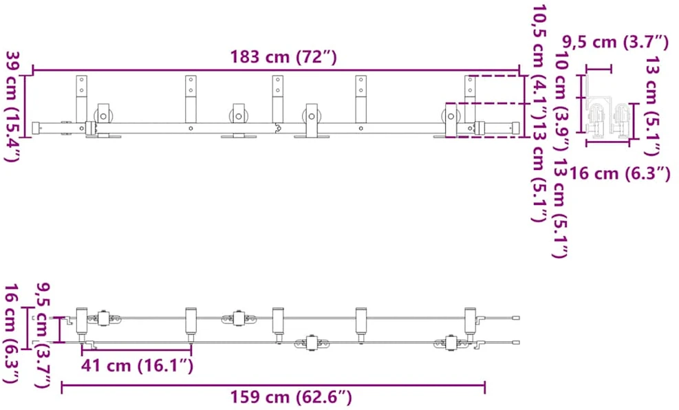 Stumdomų durų įrangos rinkinys, juodos spalvos, 183 cm, plienas