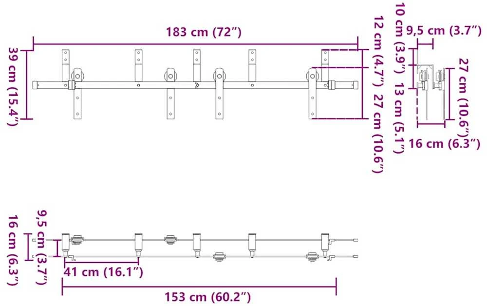 Stumdomų durų įrangos rinkinys, juodos spalvos, 183 cm, plienas