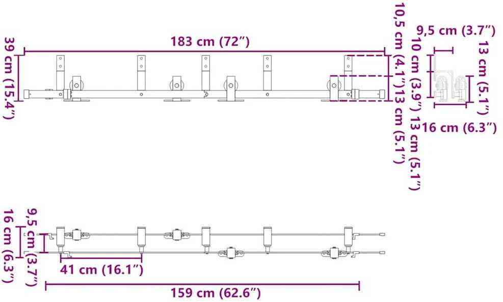 Stumdomų durų įrangos rinkinys, juodos spalvos, 183 cm, plienas