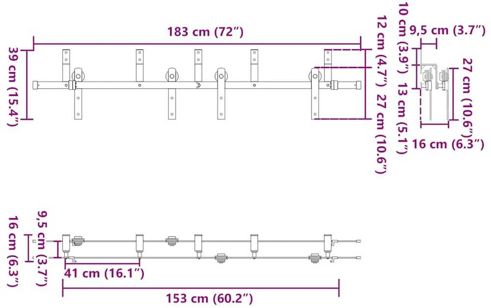 Stumdomų durų įrangos rinkinys, juodos spalvos, 183 cm, plienas