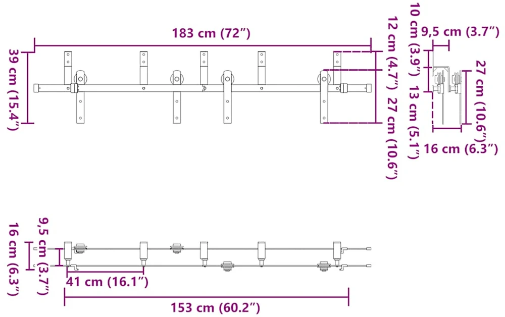 Stumdomų durų įrangos rinkinys, juodos spalvos, 183 cm, plienas