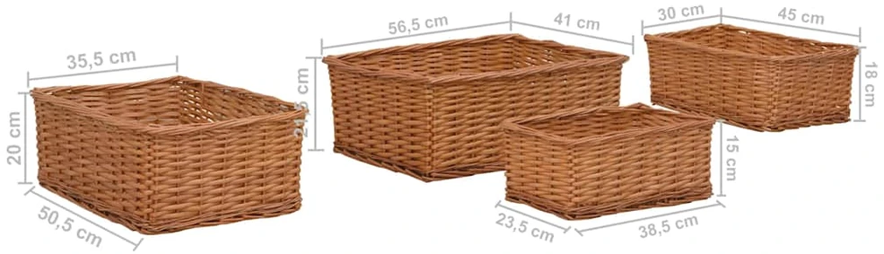 Sudedamų krepšių rinkinys, 4 dalių, rudos spalvos, gluosnis