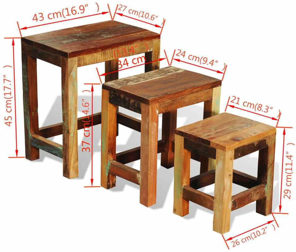 Sudedamų staliukų komplektas, 3d., vintažinis, perdirbta mediena