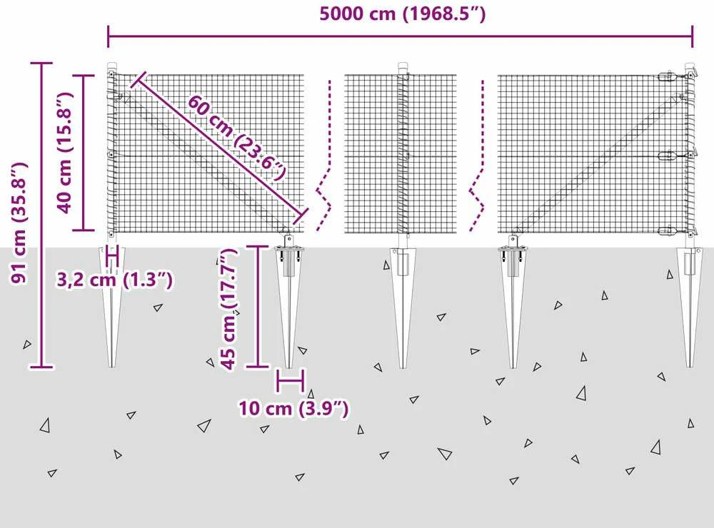 Suvirintas vielinis tvoras su smailiais galais 50 x 0,4 m Pilka