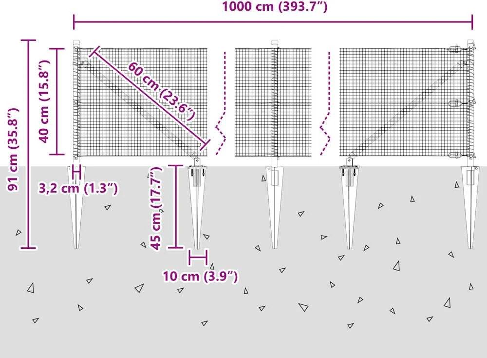 Suvirintas vielinis tvoras su smailiais galais 10 x 0,4 m Pilka