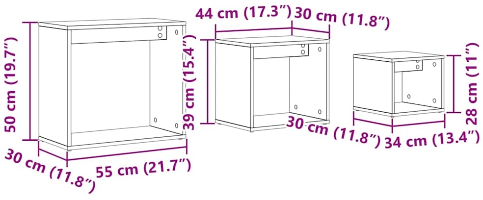 Suklijuotas stalas 3 vnt. Juodas ąžuolas 55 x 30 x 50 cm