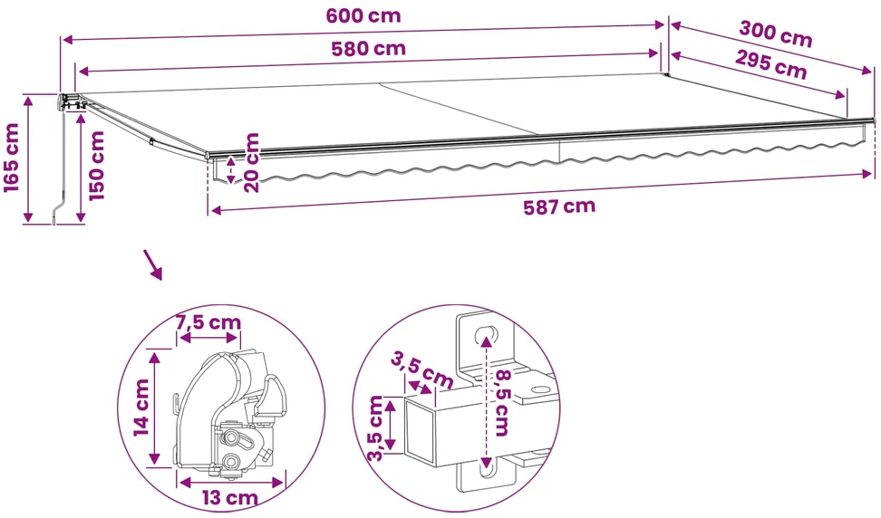 Sulankstoma markizė, vald. rank. būd., 600cm, antracito spalvos