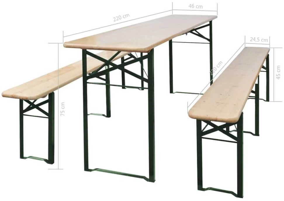 Sulankstomas alaus stalas su 2 suolais, 220cm, eglės mediena