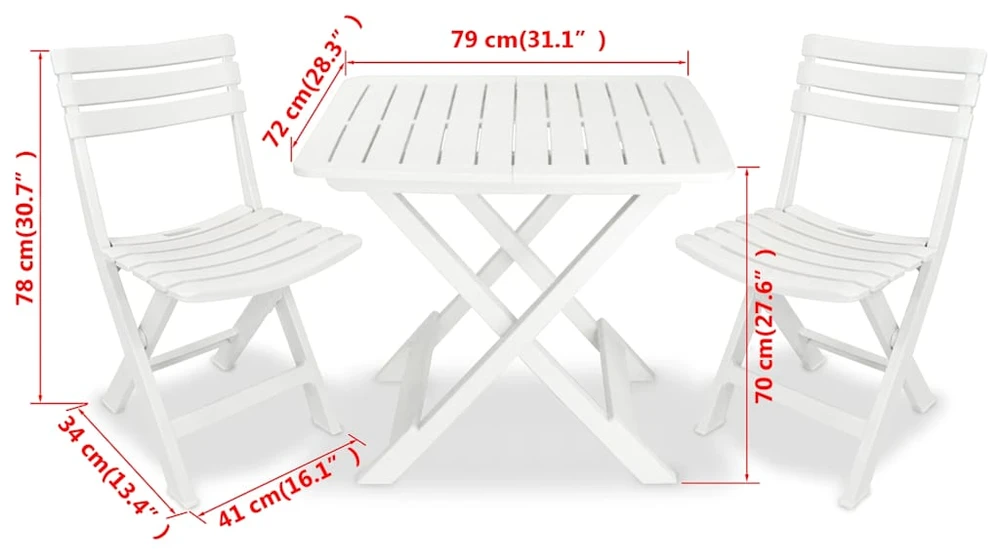 Lauko baldų komplektas Sulankstomas bistro baldų komplektas, 3d., baltas, plastikas