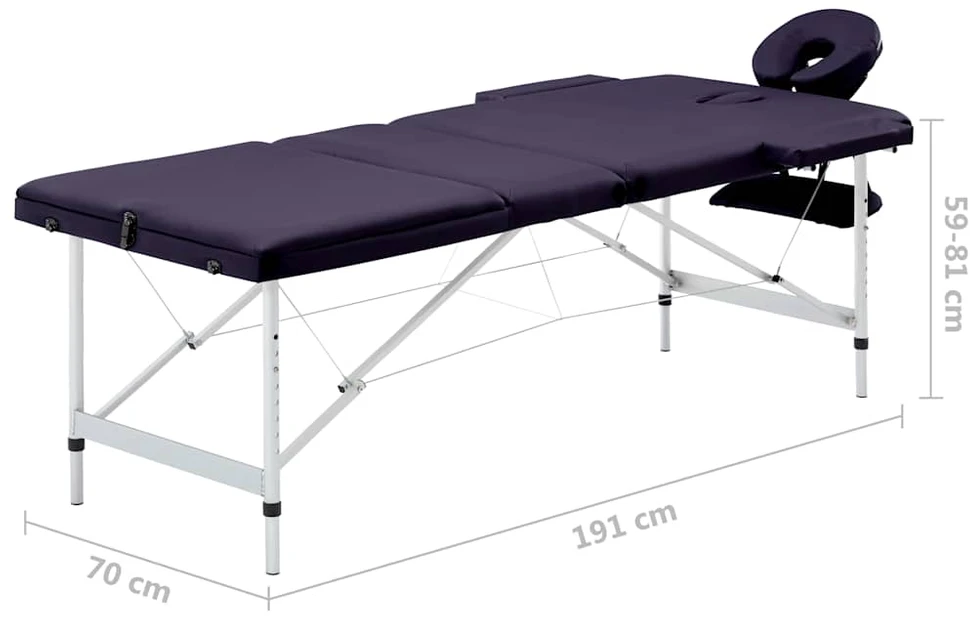 Sulankstomas masažo stalas, violetinis, aliuminis, 3 zonų