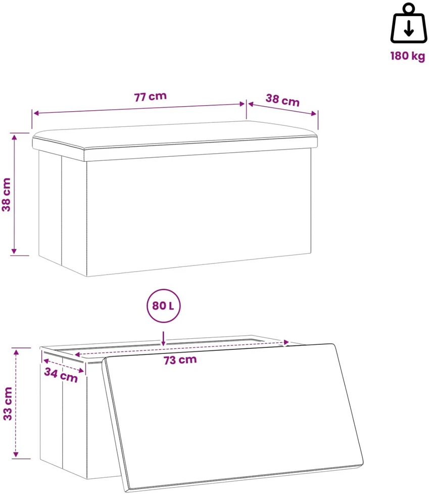 Sulankstomas saugojimo suolas Juoda 180 kg 80 L 77 x 38 x 38 cm